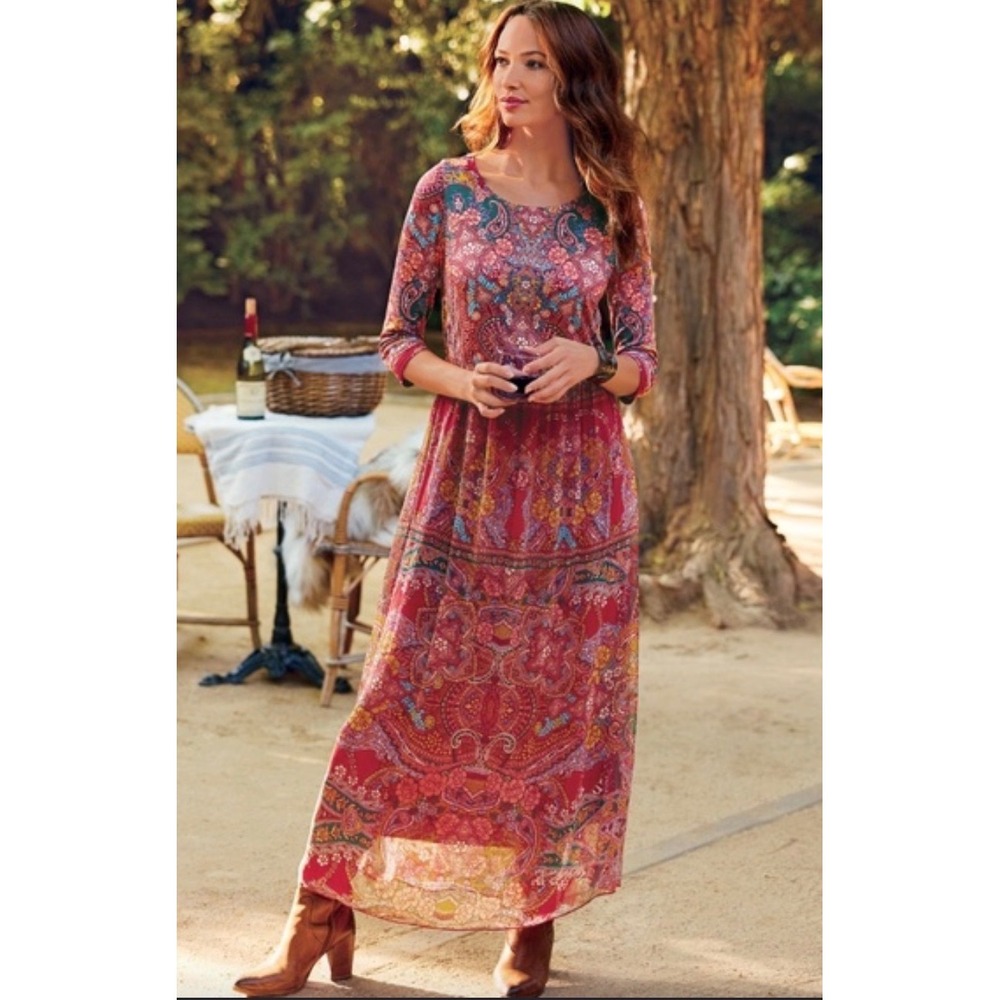 Soft Surroundings Niran Maxi Dress Burgundy Paisley Boho Medium
